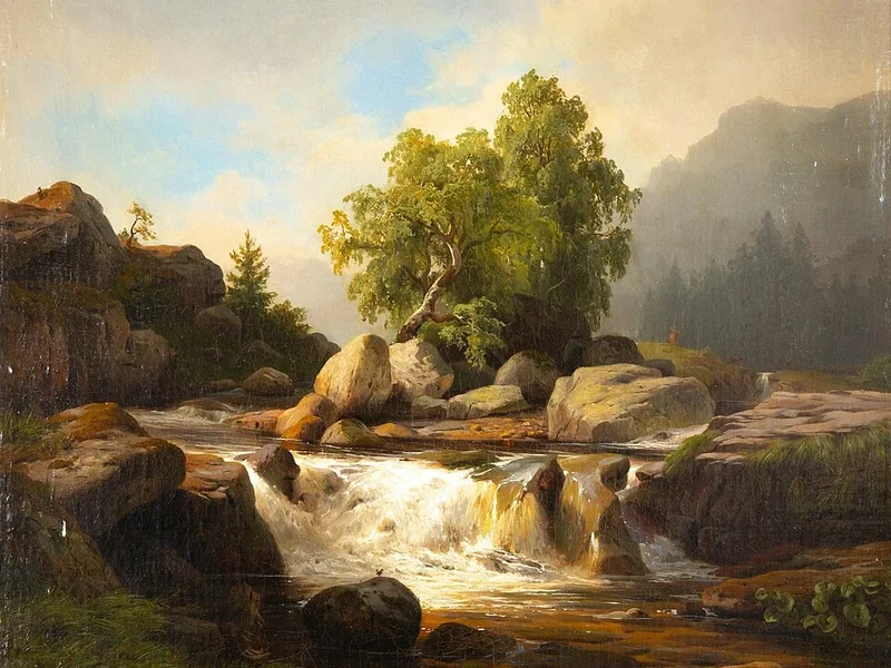 1833-Herman Fuechsel - Paesaggio americano con cascata